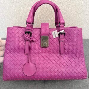 Bottega Veneta Roma Intrecciato Woven Leather Top Handle Tote Bag Fuchsia